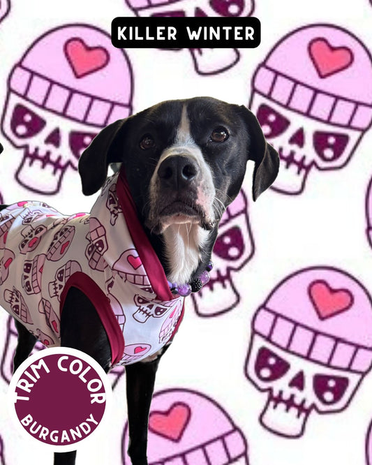 Killer Winter Dog Pajama with Burgundy Neck & Trim/Sleeves