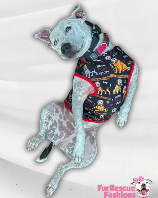 Wanna Play Fetch - Dog Pajama with Red Neck & Trim/Sleeves