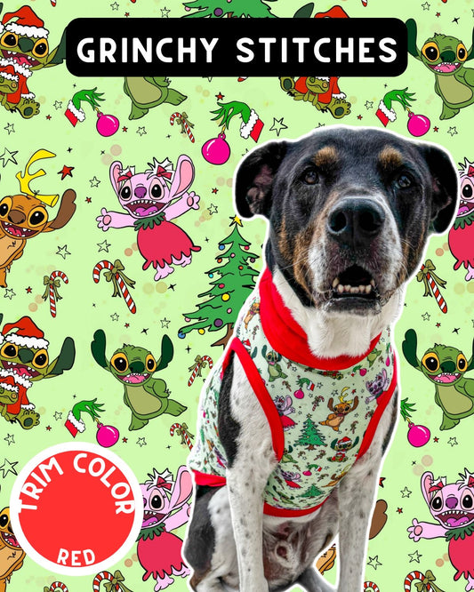 Grinchy Stitches - Dog Pajama with Red Neck & Trim/Sleeves