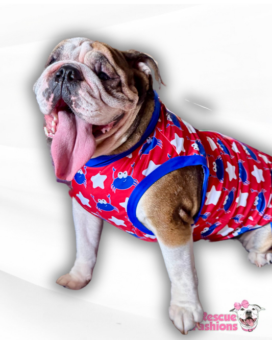 Red, White & Blue Crabs Dog Pajama with Royal Blue Trim