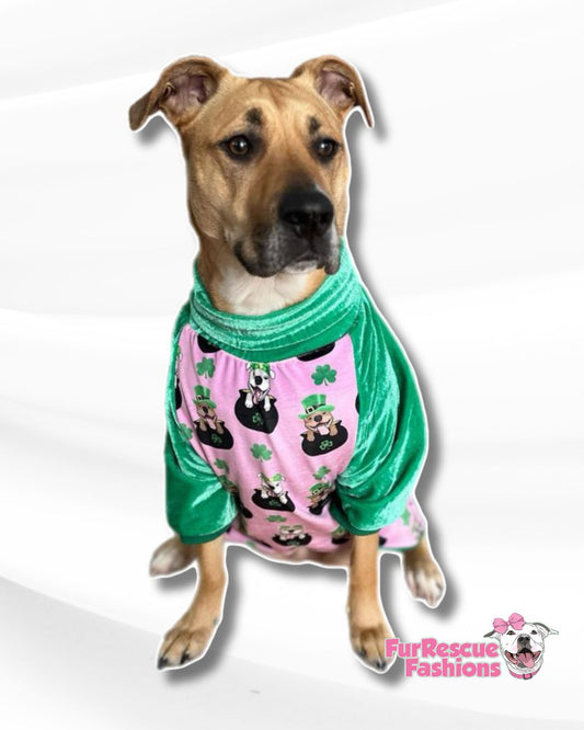 Pittie Pot O' Gold Pink - Dog Pajama with Green Neck & Trim/Sleeves