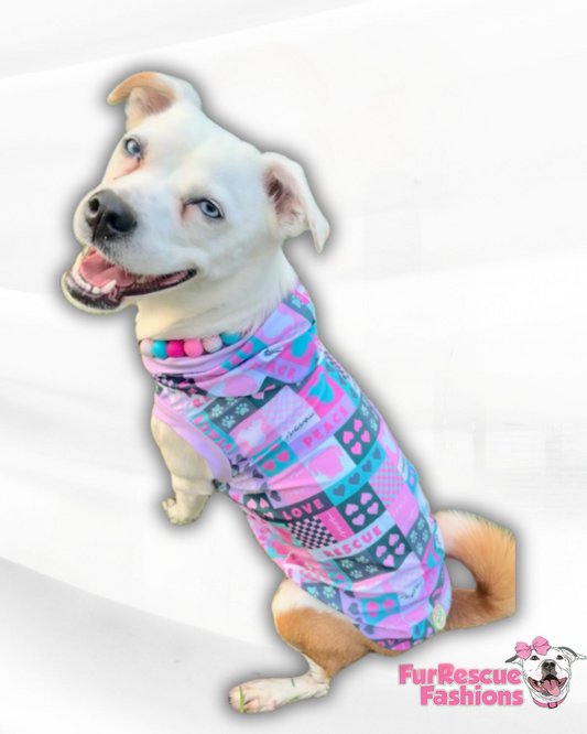 Peace, Love, Rescue (Pink) - Dog Pajama with Lilac Trim/Sleeves