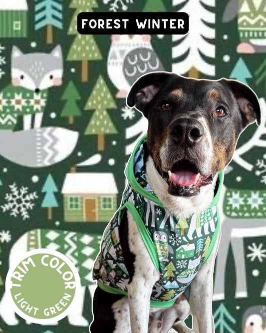 Forest Winter Dog Pajama with Light Green Neck & Trim/Sleeves