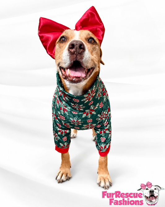 Cozy Christmas Snowflake Fair Isle - Dog Pajama with Red Neck & Trim/Sleeves