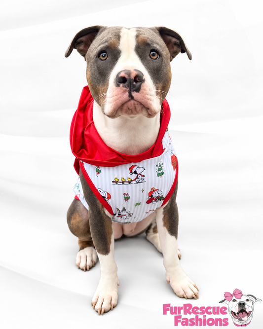 Snoopy’s Christmas Candy Cane Stripes - Dog Pajama with Red Neck & Trim/Sleeves