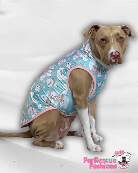 Sweater Weather Polar Bears - Dog Pajama with Pink Or Black Neck & Trim/Sleeves