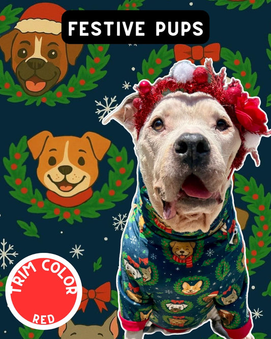 Festive Pups - Dog Pajama with Red Neck & Trim/Sleeves