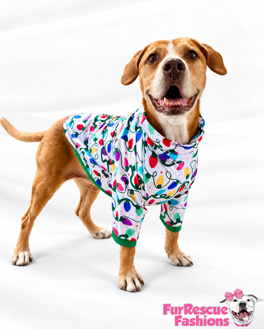 Merry & Bright Christmas Lights - White - Dog Pajama with Green Neck & Trim/Sleeves