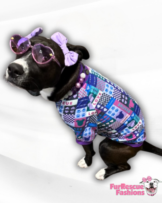 Peace, Love, Rescue (Purple) - Dog Pajama with Purple Trim/Sleeves