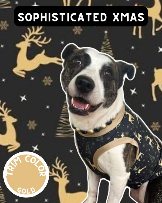 Sophisticated Xmas - Dog Pajama with Gold Neck & Trim/Sleeves