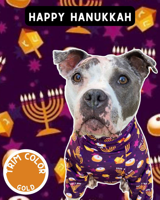 Happy Hanukkah - Dog Pajama with Gold Neck & Trim/Sleeves
