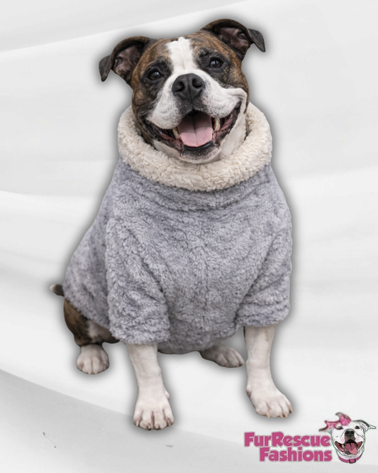 Grey Velvety Plush Dog Sweater with Sherpa Lining