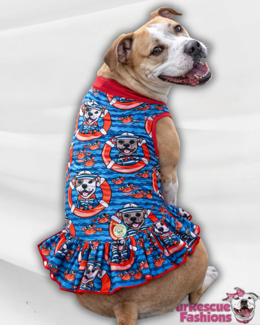 Nauti-Bull Crew: Let’s Sail Pitties Dog Dress With Ruffle / With Sleeves or Sleeveless