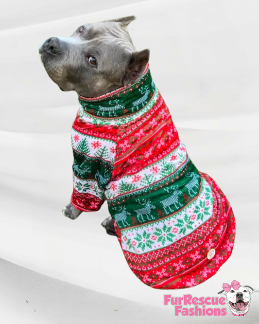 Cozy Christmas Knit Fair Isle - Dog Pajama with Green Neck & Trim/Sleeves