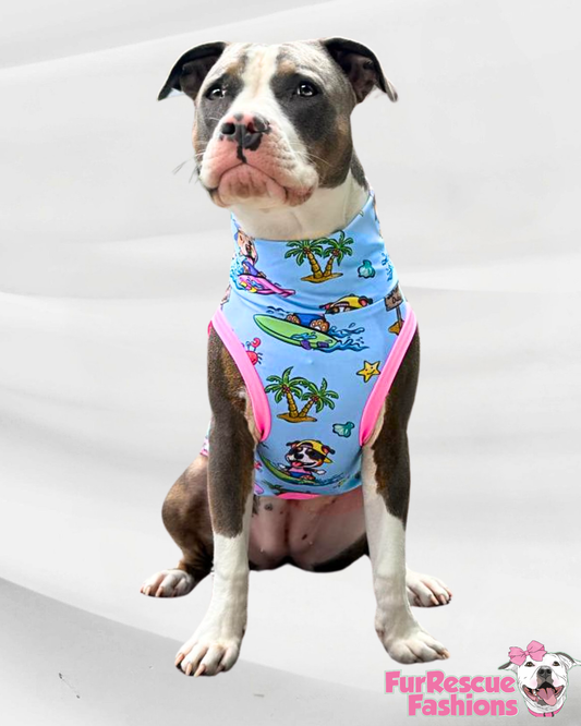 Surf’s Up Pups - Dog Pajama with Pink OR Green Neck & Trim/Sleeves