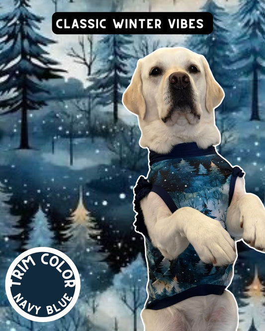 Classic Winter Vibes Dog Pajama with Navy Neck & Trim/Sleeves