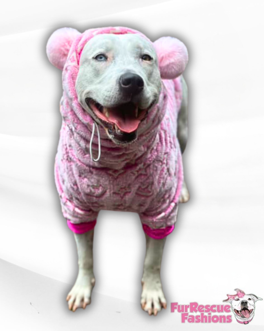 Glow-in-the-dark pink fleece dog sweater with removable pom poms and hoodie by FurRescue Fashions