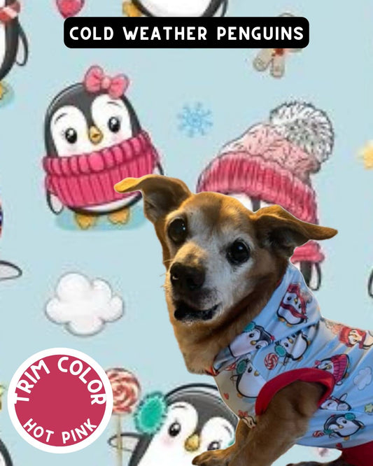 Cold Weather Penguins Dog Pajama with Red Neck & Trim/Sleeves