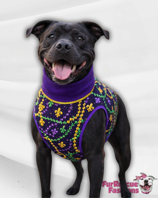 Mardi Gras Beads & Fleur Dog Pajama with Purple Neck & Trim/Sleeves