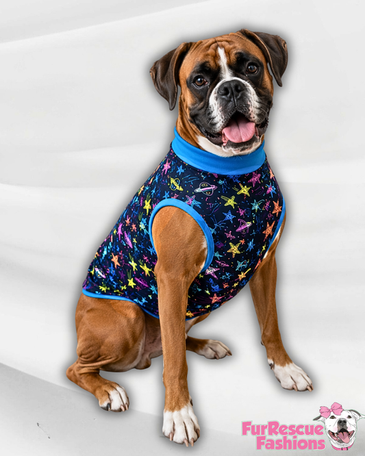 Planets & Stars - Dog Pajama with Blue OR Fuchsia Neck & Trim/Sleeves