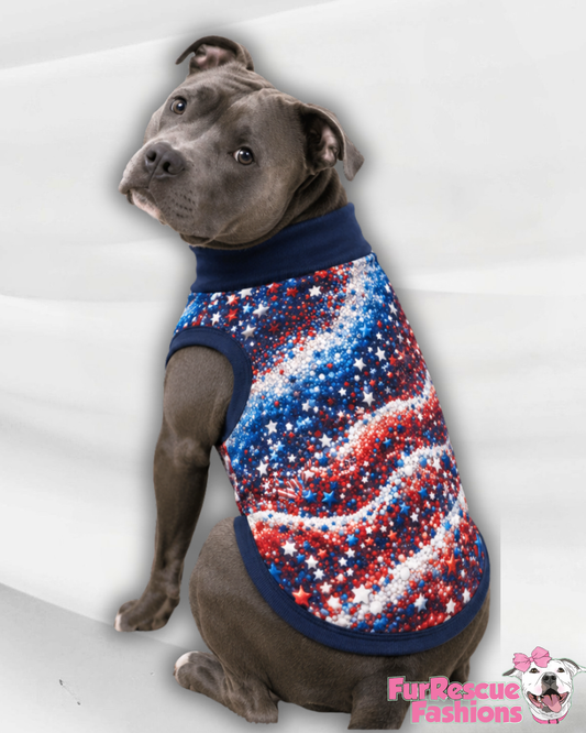 Stars, Stripes & Sparkles - Dog Pajama with Blue Neck & Trim/Sleeves