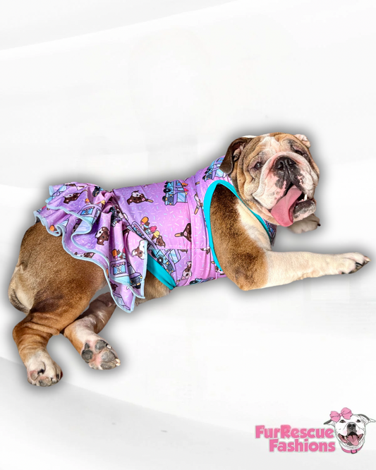 Pittie Pops & Ice Cream Truck - Pink Dog Pajama with Aqua Trim