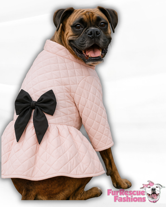 Pretty in Pink Skirted Puffer Jacket With Black Bow