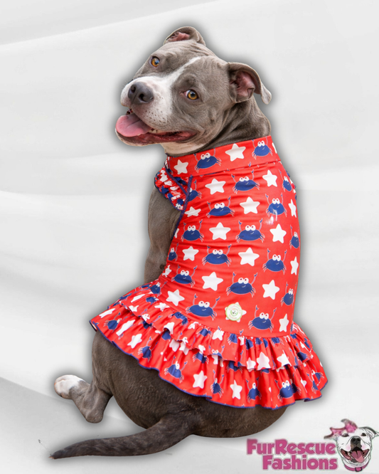 Red, White & Blue Crabs Dog Dress With Ruffle / With Sleeves or Sleeveless