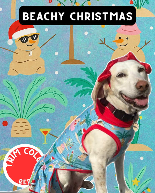 Beachy Christmas - Dog Pajama with Red Neck & Trim/Sleeves