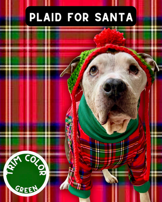 Plaid for Santa - Dog Pajama with Green Neck & Trim/Sleeves