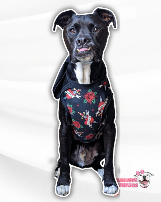 Ruff Love (hearts & swords)- PAWjama with Black Neck & Trim/Sleeves