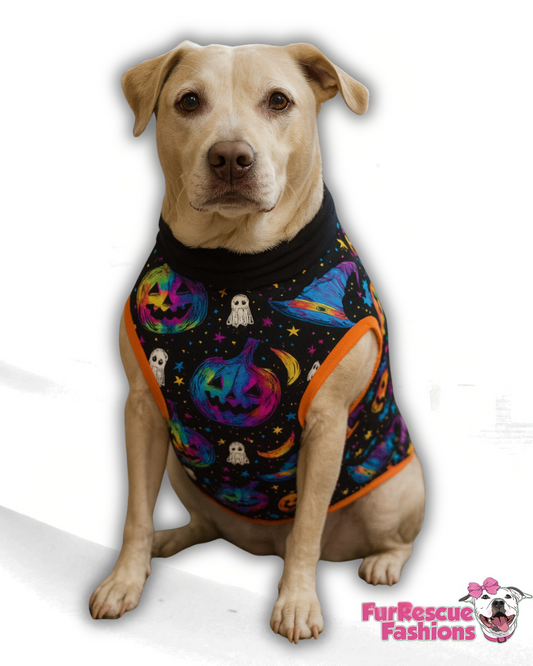 Spookadelic Splash - Dog Pajama with Orange Neck & Trim/Sleeves
