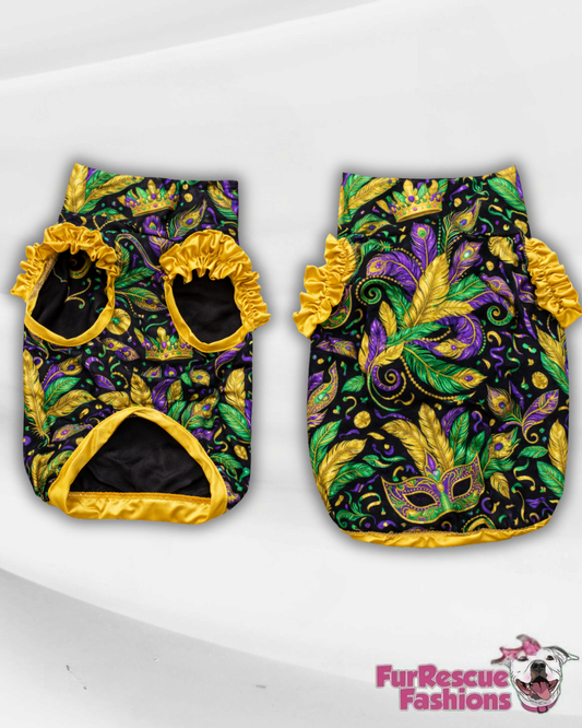 Mardi Paws Mash-Up Sleeveless Dog Shirt With Ruffles (AVAILABLE IN ANY PRE-ORDER PATTERN)