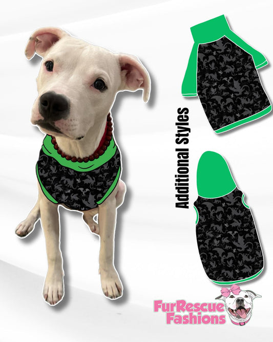 Dragons - Black Dog Pajama with Green or Red Trim, Neck & Sleeves