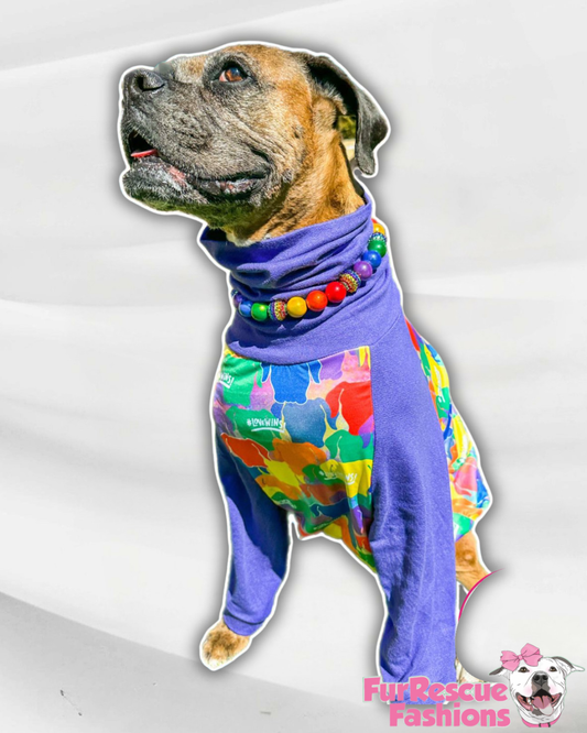Boxer Camo Love Wins – Dog Pajama with Purple Neck & Trim/Sleeves