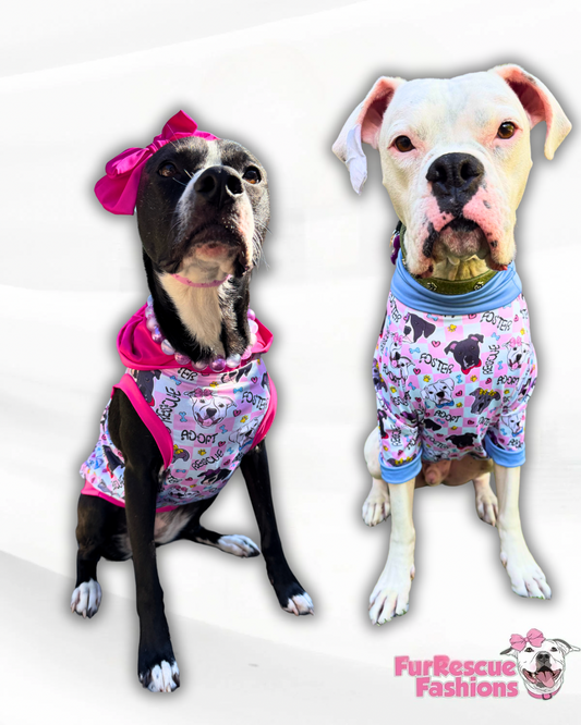 FRF Family - Dog Pajama with Fuchsia OR Light Blue Neck & Trim/Sleeves