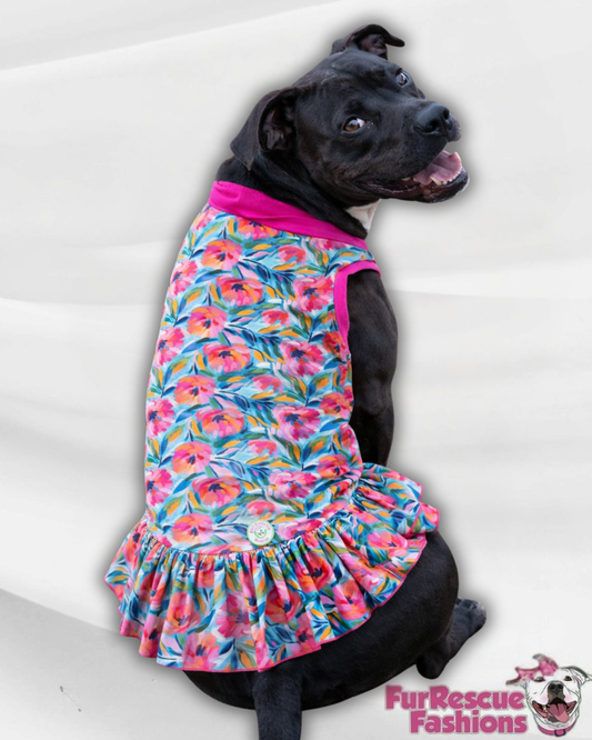 Aquarela Flowers Dog Dress With Ruffle / With Sleeves or Sleeveless