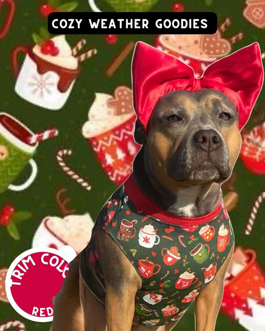 Cozy Weather Goodies Dog Pajama with Red Neck & Trim/Sleeves