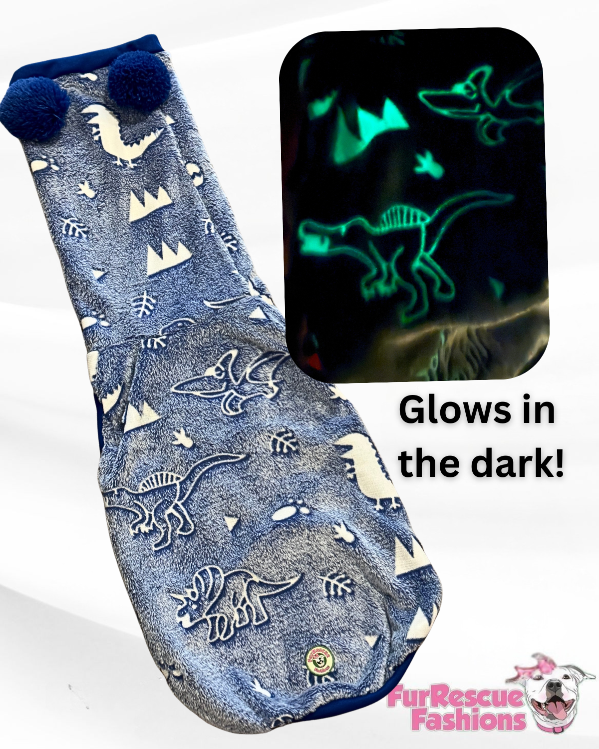 Glow-in-the-Dark Dinosaur Dog Sweater – Luxury Fleece Pom Pom Hoodie or Snood