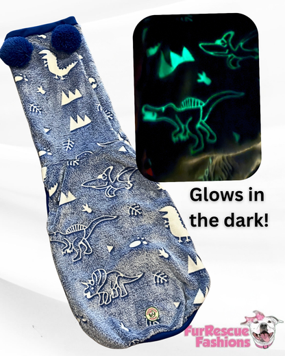 Glow-in-the-Dark Dinosaur Dog Sweater – Luxury Fleece Pom Pom Hoodie or Snood