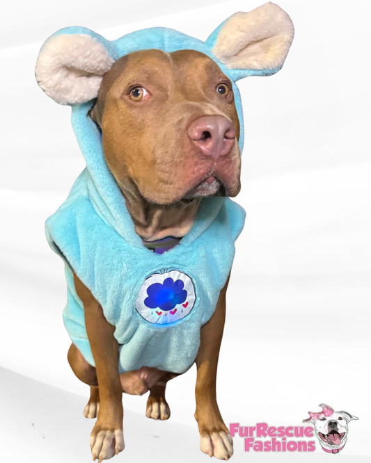 Grumpy Bear Light-Up Dog Hoodie – Luxury Blue Fleece with Ears, Tail & Heart Patch