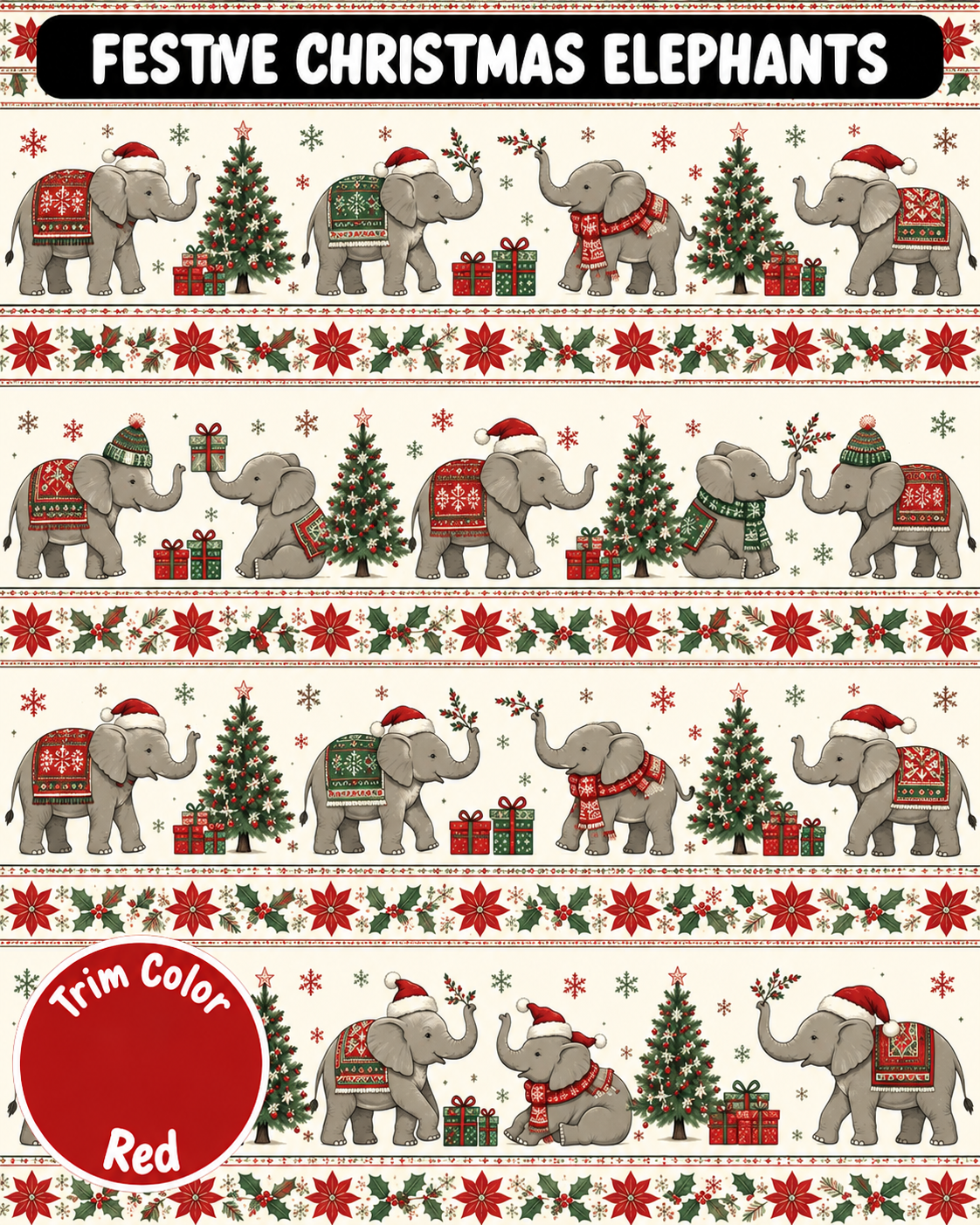 Festive Christmas Elephants - Dog Pajama with Red Neck & Trim/Sleeves
