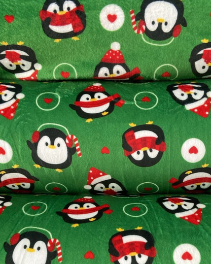 Christmas Penguins on Green Ultra-Luxe - Dog Pajama with Red Neck & Trim/Sleeves