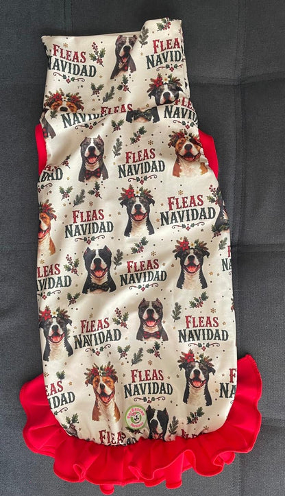 Fleas Navidad Pittie Style - Dog Pajama with Red Neck & Trim/Sleeves