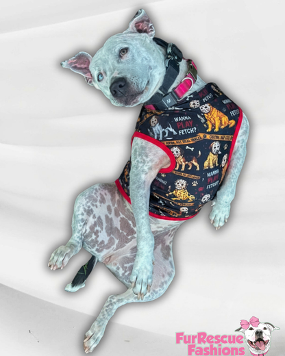 Wanna Play Fetch - Dog Pajama with Red Neck & Trim/Sleeves