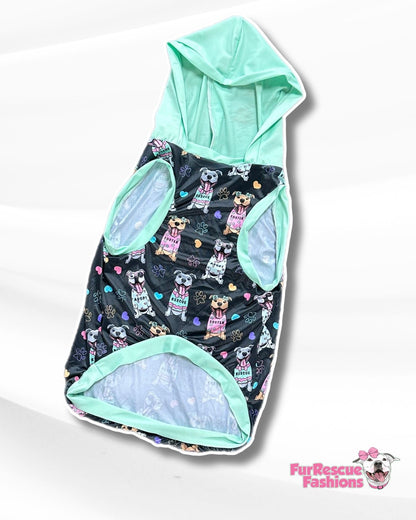 FurResCrew Charcoal- Dog Pajama with Mint or Pink Neck & Trim/Sleeves