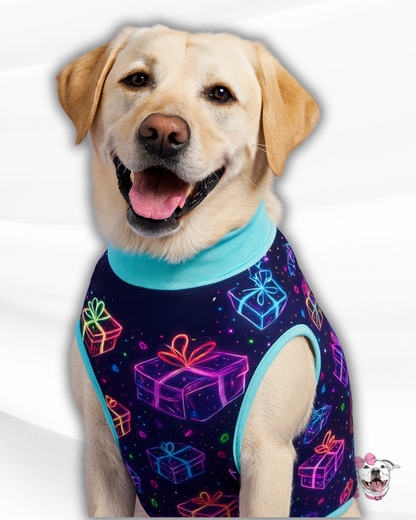 Merry & Bright-ly Wrapped Dog Pajama with Aqua Neck & Trim/Sleeves