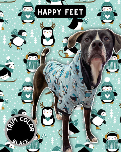 Happy Feet Penguins - Dog Pajama with Black Neck & Trim/Sleeves