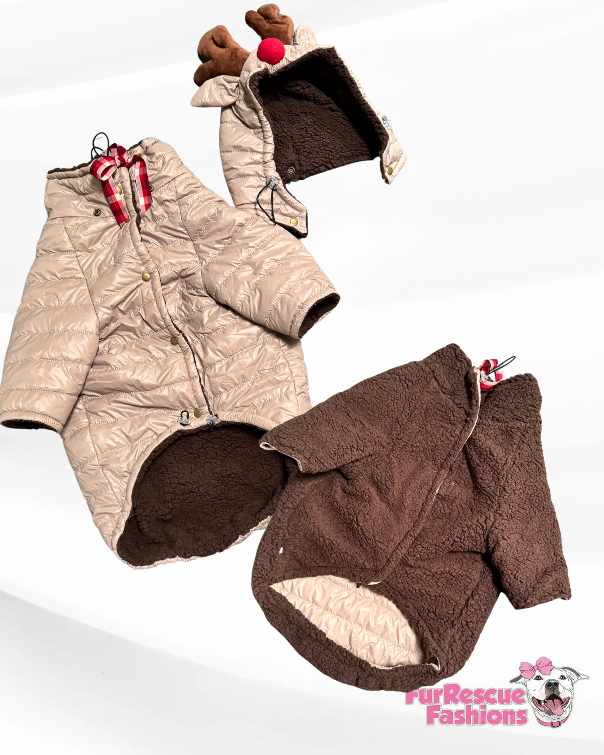 Reversible Reindeer Puffer Jacket, Vests and Capes with Removable Hoodie