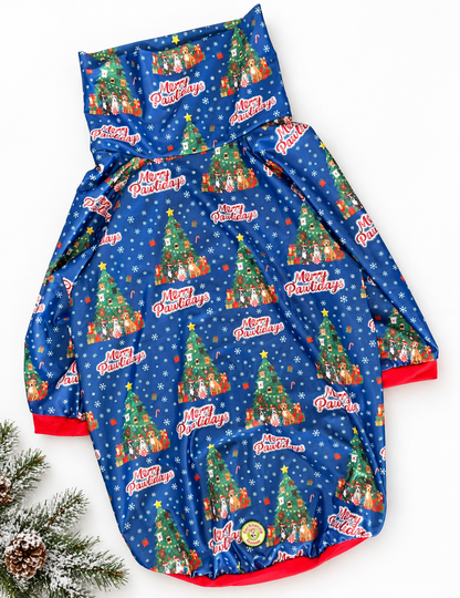 Merry Pawlidays Christmas Tree Pups - Dog Pajama with Red Neck & Trim/Sleeves